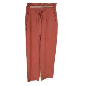Calligraphie Women's Linen Orange Paperbag Waist Pants M Casual Relaxed Fit